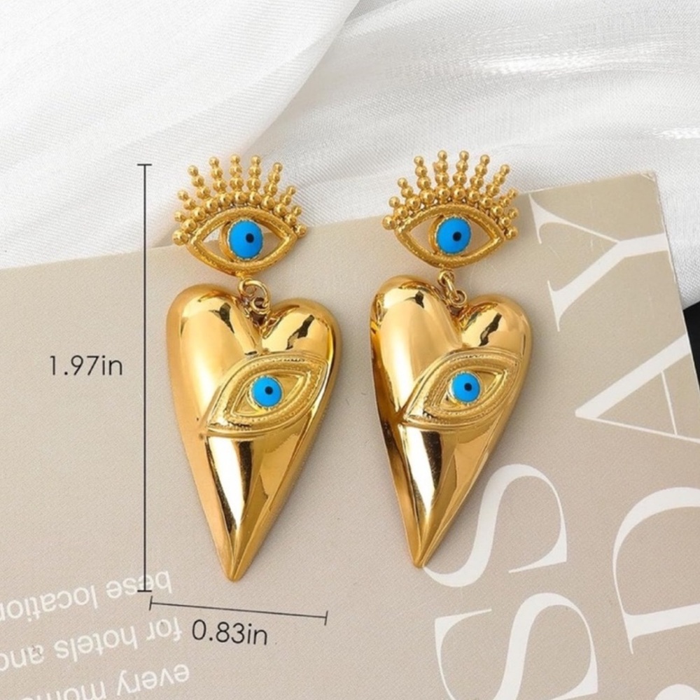 Anthropologie Gold Heart Earrings with Blue Eye